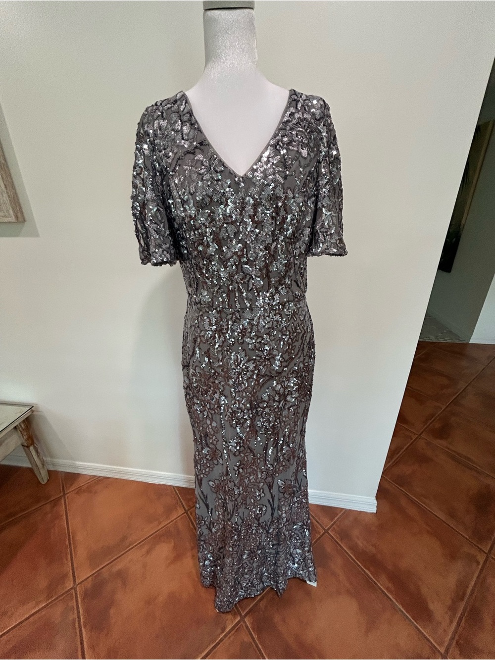 Alex Evenings Sequined V-Neck Maxi Dress in Silver